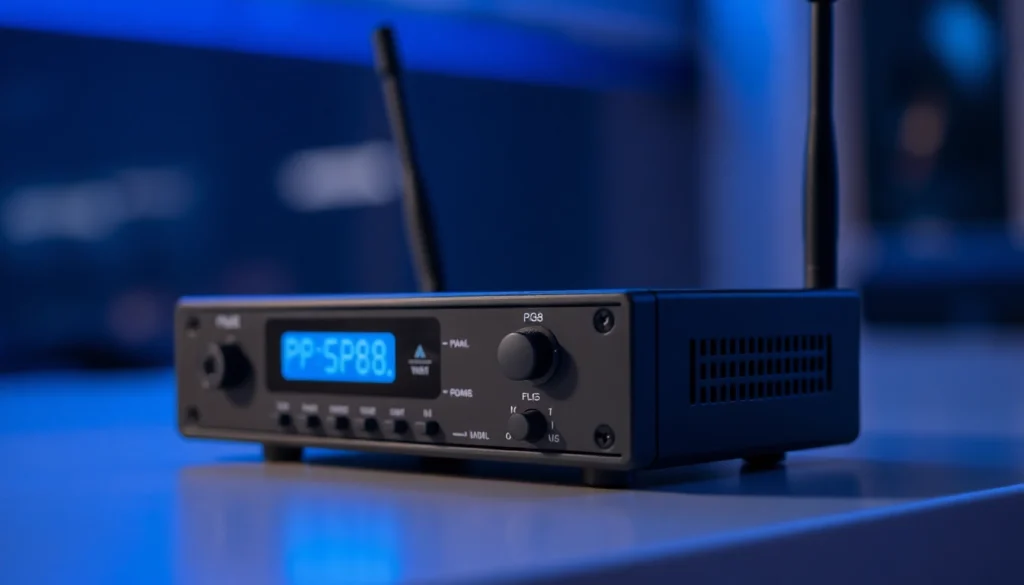 High-quality PG88 wireless microphone receiver in a professional setting showcasing advanced controls and antenna technology for clear audio transmission.