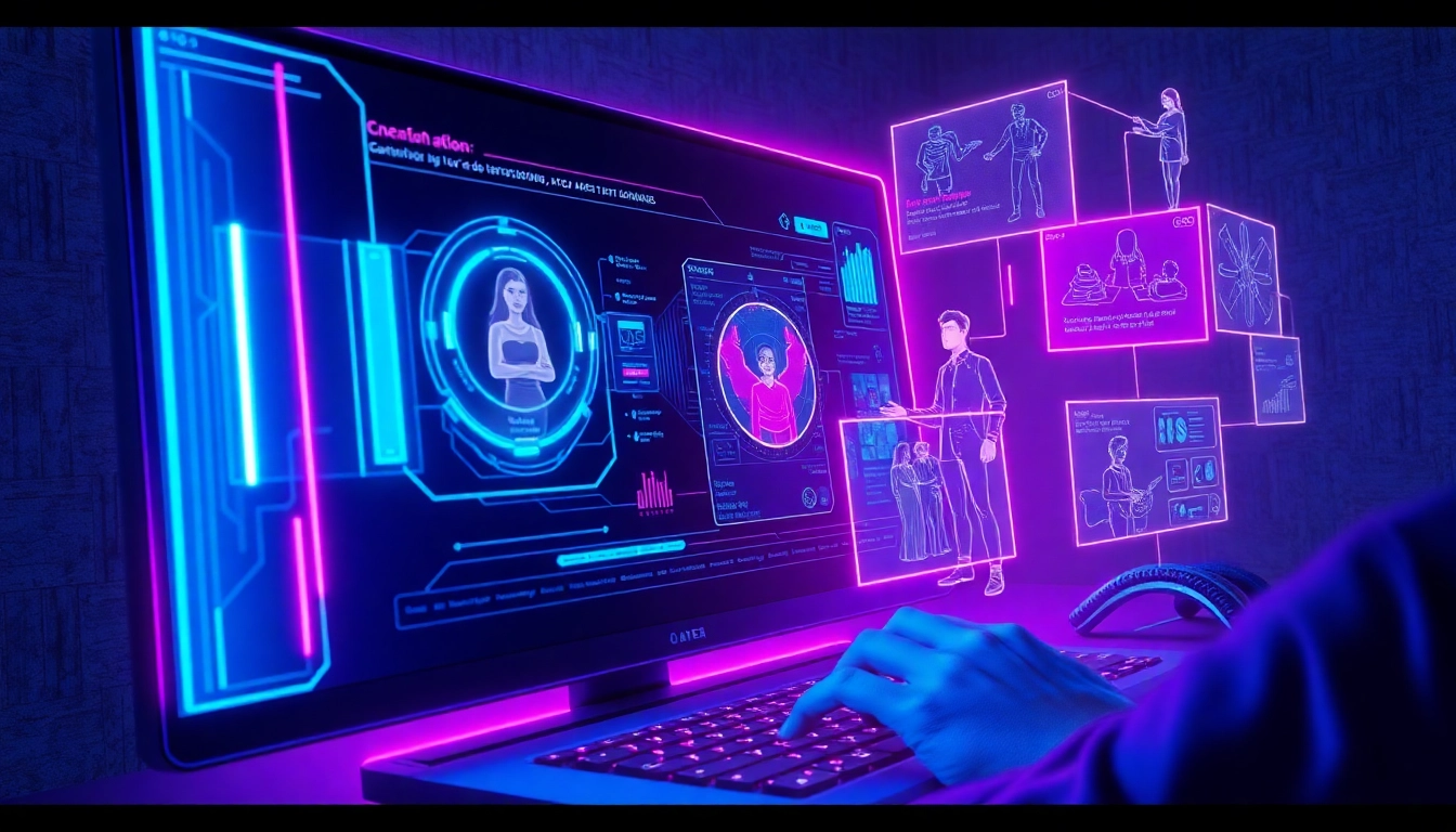 Futuristic digital interface displaying AI adult chat with holographic character visuals and vibrant neon lighting.