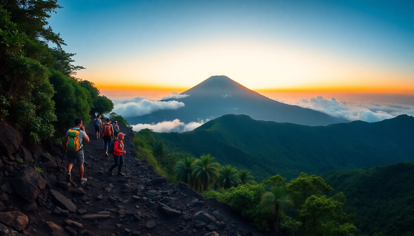 An early morning view of Mount Rinjani with hikers trekking along a lush trail, mist over valleys, and the mountain summit illuminated by sunrise.