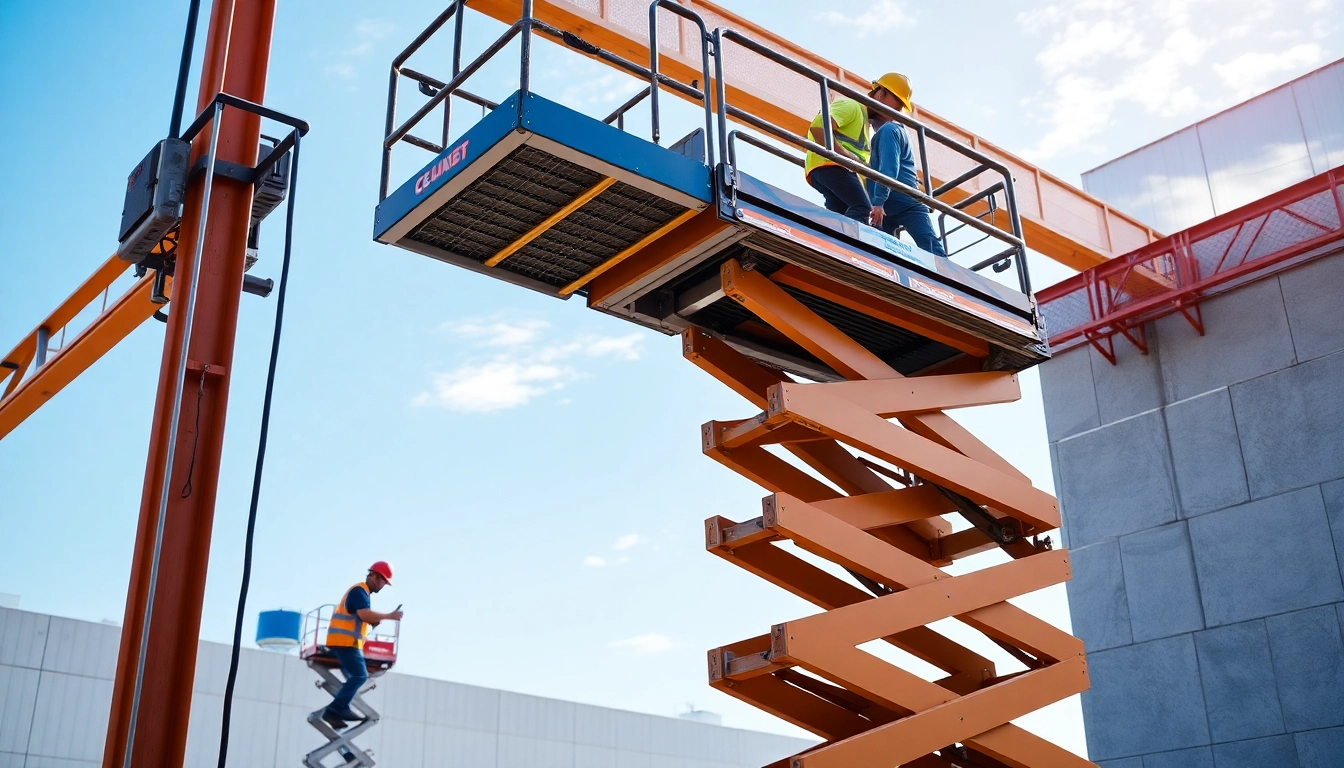 Efficient scissor lift rental on a busy construction site showcasing safe access solutions for various heights.