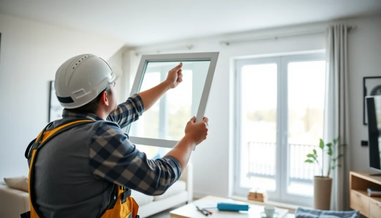 Window replacement companies in action: installer adjusts a new energy-efficient window.