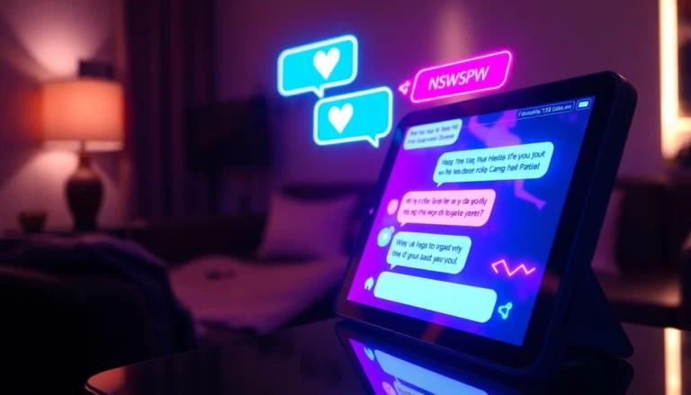 Futuristic chatbot interface on a screen with neon accents, suggestive symbols, and ambient lighting