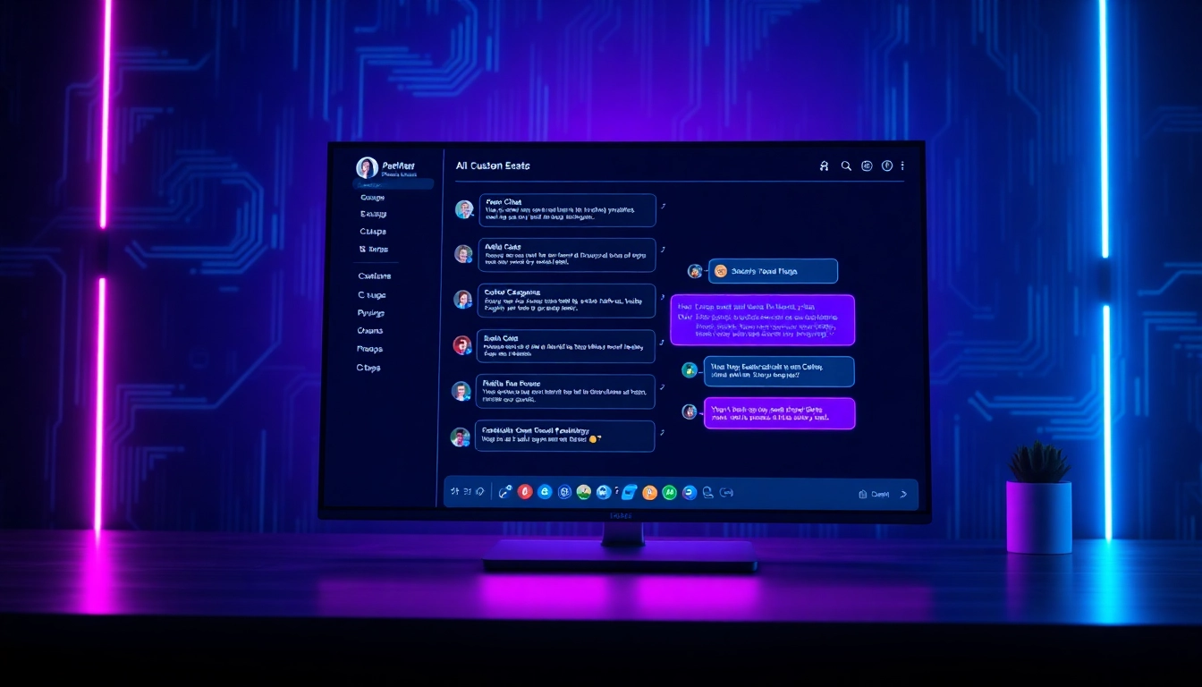 Futuristic chat interface with AI character conversations on a neon-lit screen