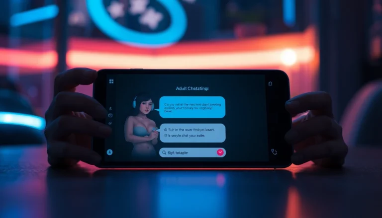Close-up of a sleek device screen showing an adult-themed AI chat interface with a sensual digital environment in the background.