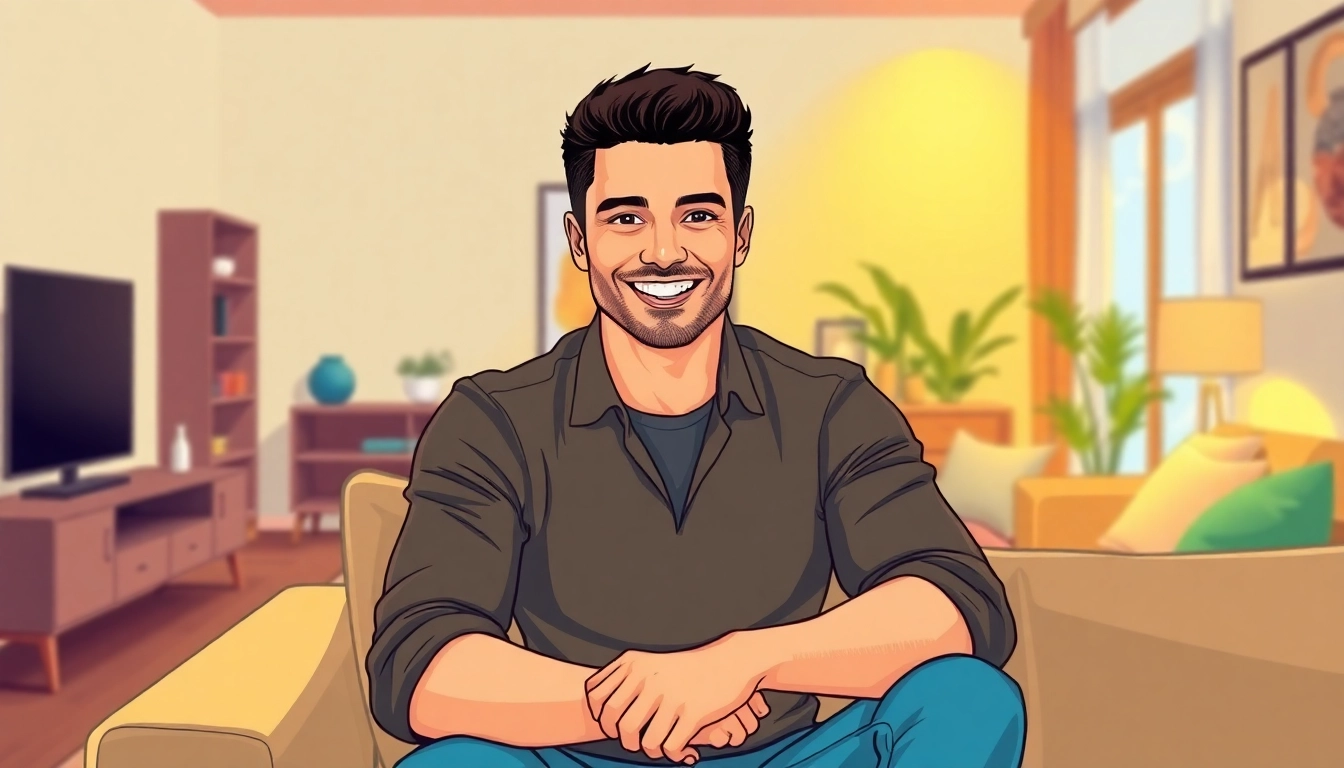 A charming man sitting comfortably in a modern living room, smiling confidently.