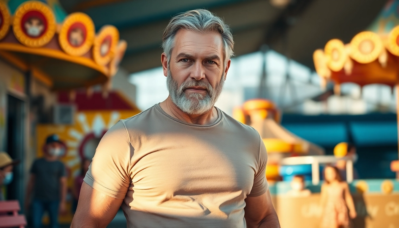 Older attractive man with salt-and-pepper hair and a confident smile at an amusement park.