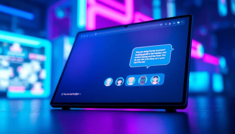 Futuristic digital chat interface with glowing text and AI character icons in a cyberpunk-inspired scene.