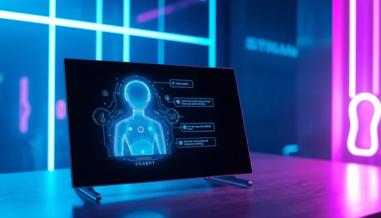 Futuristic AI chatbot interface with holographic character in a high-tech environment