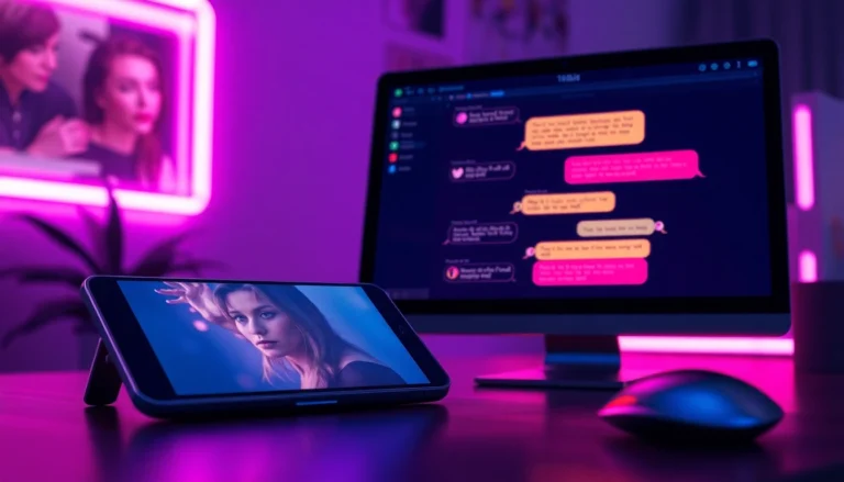 Futuristic chat interface on smartphone and desktop screens with suggestive adult-themed conversation visuals
