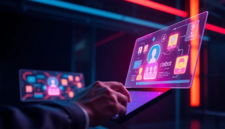 A user interacting with a holographic AI chatbot interface in a futuristic digital environment.