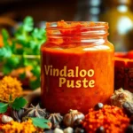 Authentic Vindaloo Paste in a jar with spices, showcasing vibrant colors and rich texture,
