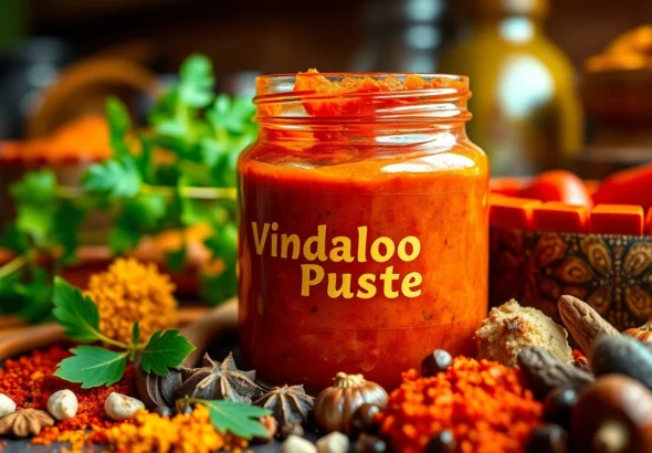 Authentic Vindaloo Paste in a jar with spices, showcasing vibrant colors and rich texture,
