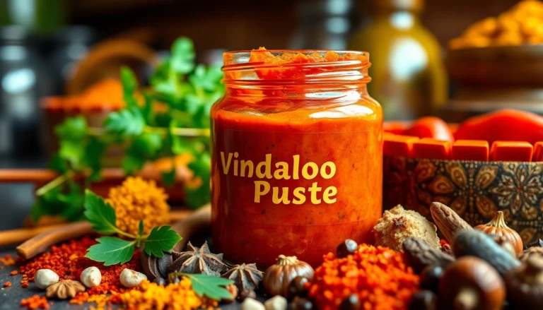 Authentic Vindaloo Paste in a jar with spices, showcasing vibrant colors and rich texture,